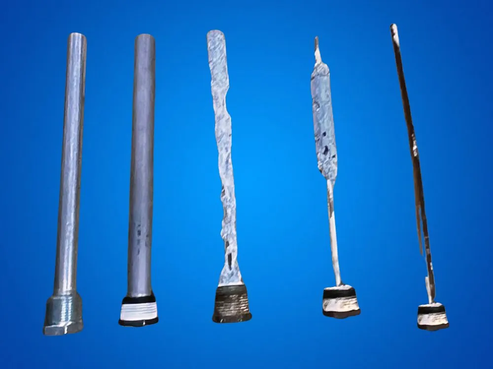 RV water heater anode rods showing wear from new to fully depleted