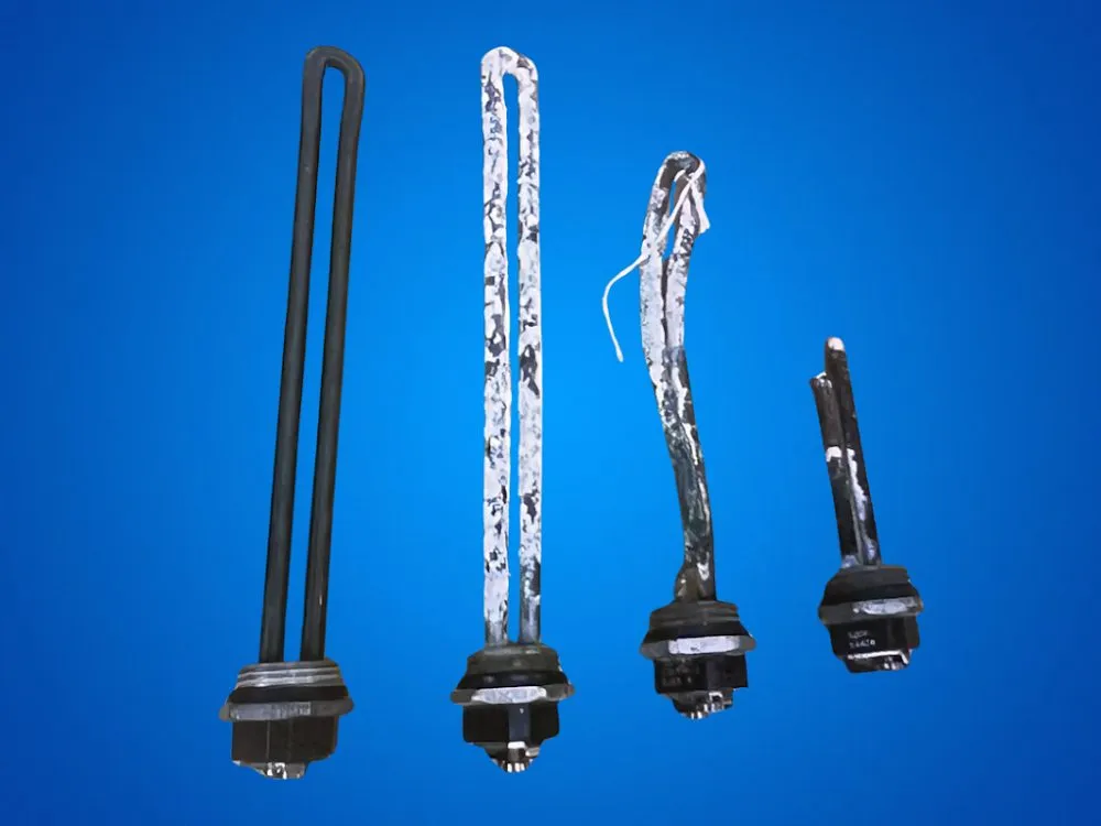 RV water heater heating elements from new to scale-damaged and broken