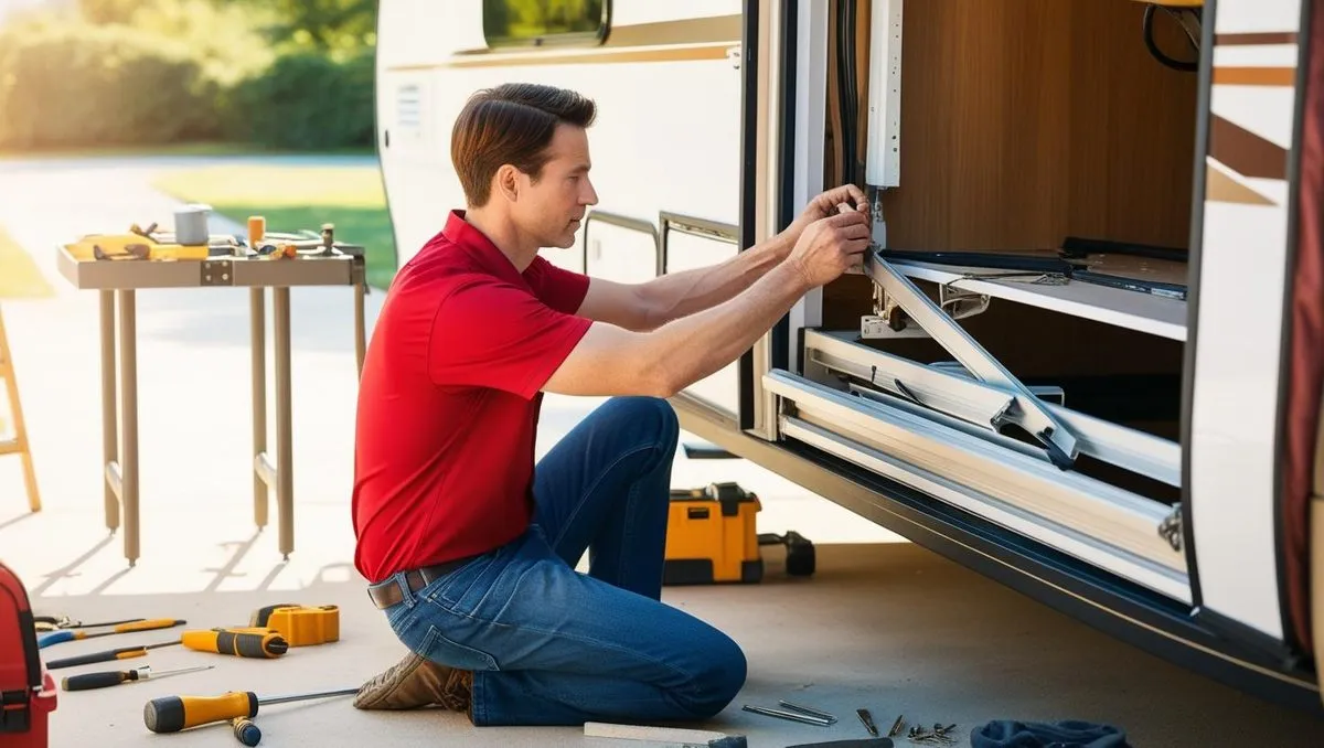 RV technician servicing a slide-out mechanism on a travel trailer
